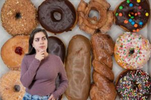 ragazza dubbiosa, sfondo dolci industriali