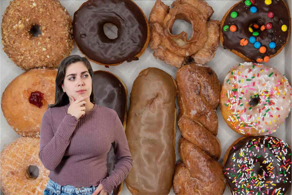 ragazza dubbiosa, sfondo dolci industriali