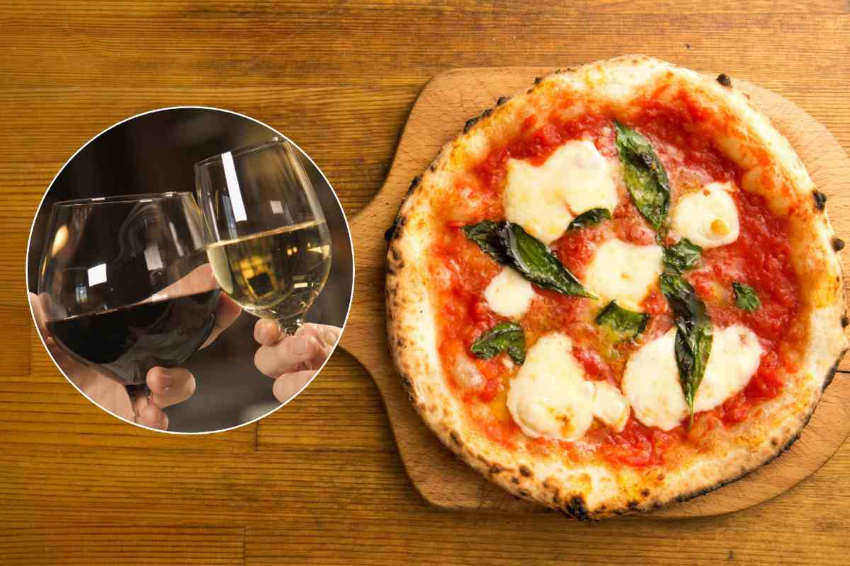 collage pala di pizza e bicchieri di vino